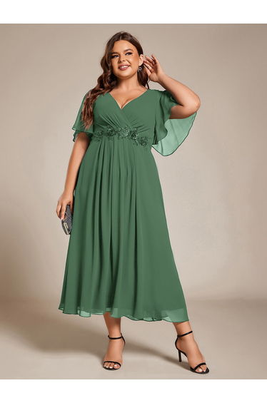 ever DAHLIA|Short Sleeves V-Neck Tea Length Wedding Guest Dress with Floral Applique