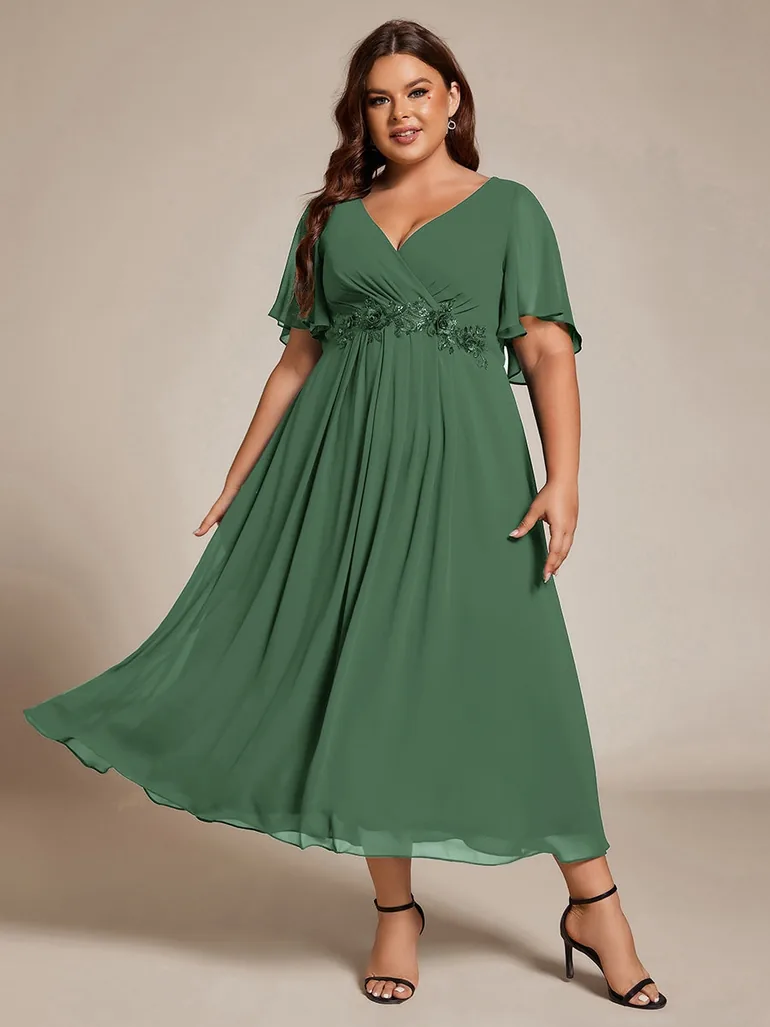 ever DAHLIA|Short Sleeves V-Neck Tea Length Wedding Guest Dress with Floral Applique - 4