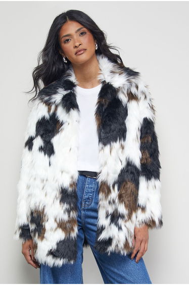 Premium Funnel Neck Mono Cow Print Faux Fur Coat