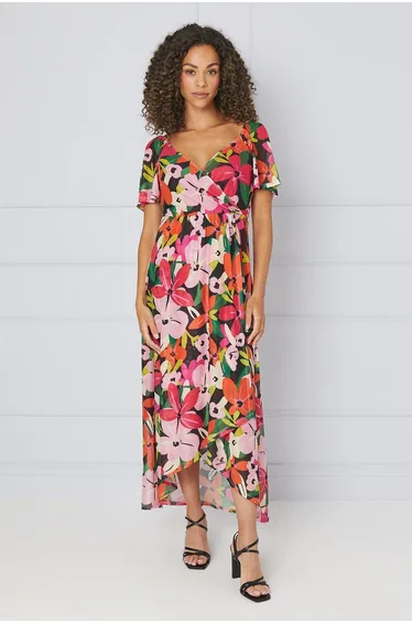 Floral Mesh Wrap Maxi Dress
