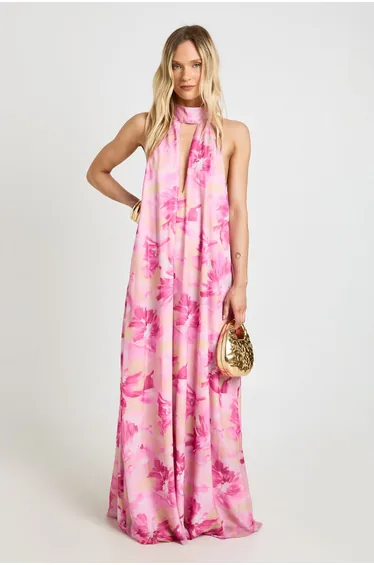 Petite Floral High Neck Pleated Maxi Dress - pink