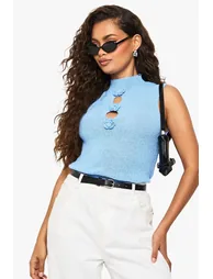 Flower Detail Knitted Top - blue - 1