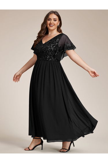 ever HAZEL|Short Sleeve V-Neck Sequin Chiffon A-Line Mother of the Bride Dress