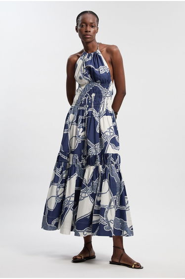 Shirred Cotton Tiered Chain Print Halter Neck Woven Maxi Dress