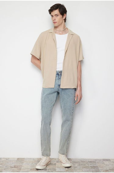 Taş Men's Oversize Fit Summer Short Sleeve Linen Look Shirt
