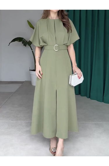 Loose Raglan Sleeve Pleated Split-Front Split-Joint Tied Waist Round-Neck Maxi Dresses