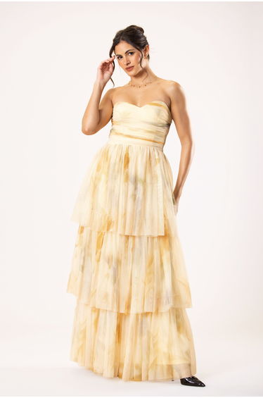 Shaelyn Strapless Tulle Maxi Dress in Golden Petal