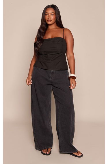 Plus Black Textured Woven Panel Detail Strappy Top