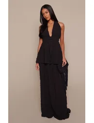 Tall Black Bubble Textured Halter Neck Tie Waist Top - 2