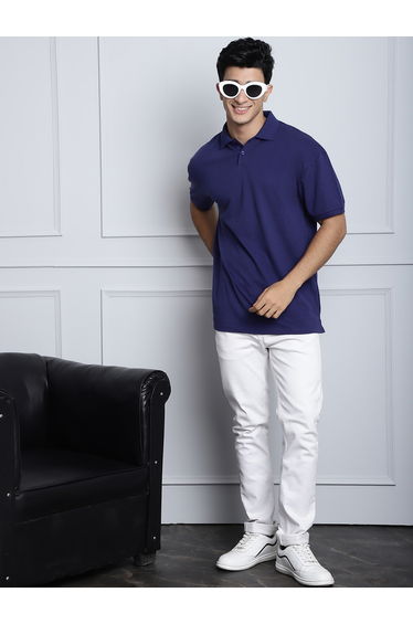 Men Navy Blue Oversized Polo T-Shirt