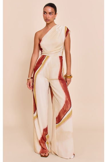 Cream Abstract Chiffon One Shoulder Ruched Jumpsuit