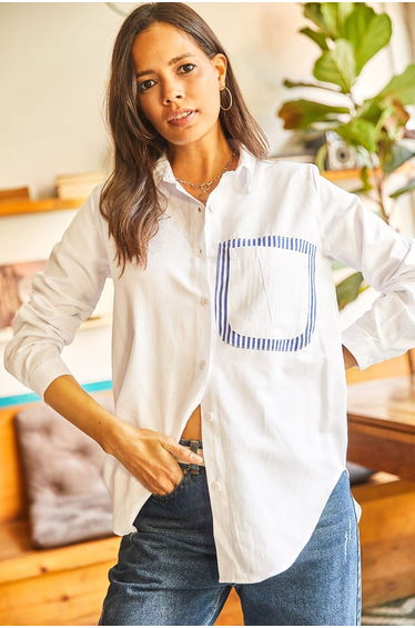 Women's Blue White Back Cut Out Detail Sambre Oversize Shirt
