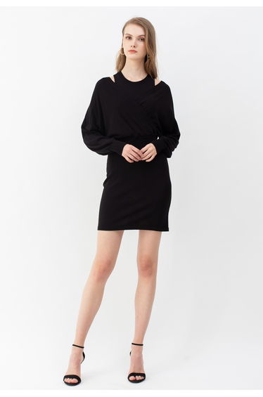 Crop Wrapped Top and Sleeveless Knit Twinset Dress in Black