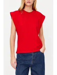 Red 100% Cotton Wadding Look Basic Crew Neck Knitted T-Shirt - 3