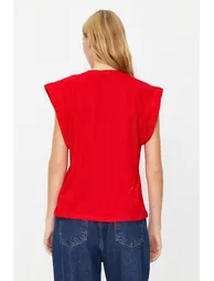 Red 100% Cotton Wadding Look Basic Crew Neck Knitted T-Shirt - 5
