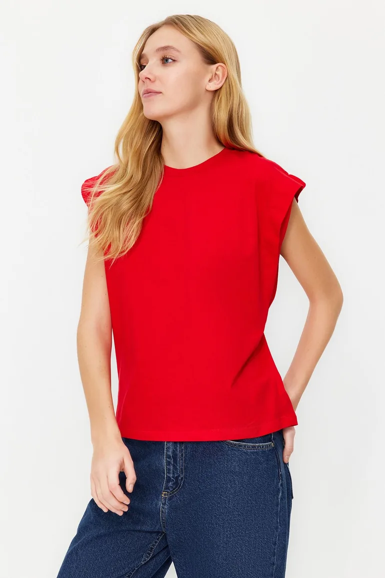 Red 100% Cotton Wadding Look Basic Crew Neck Knitted T-Shirt - 1