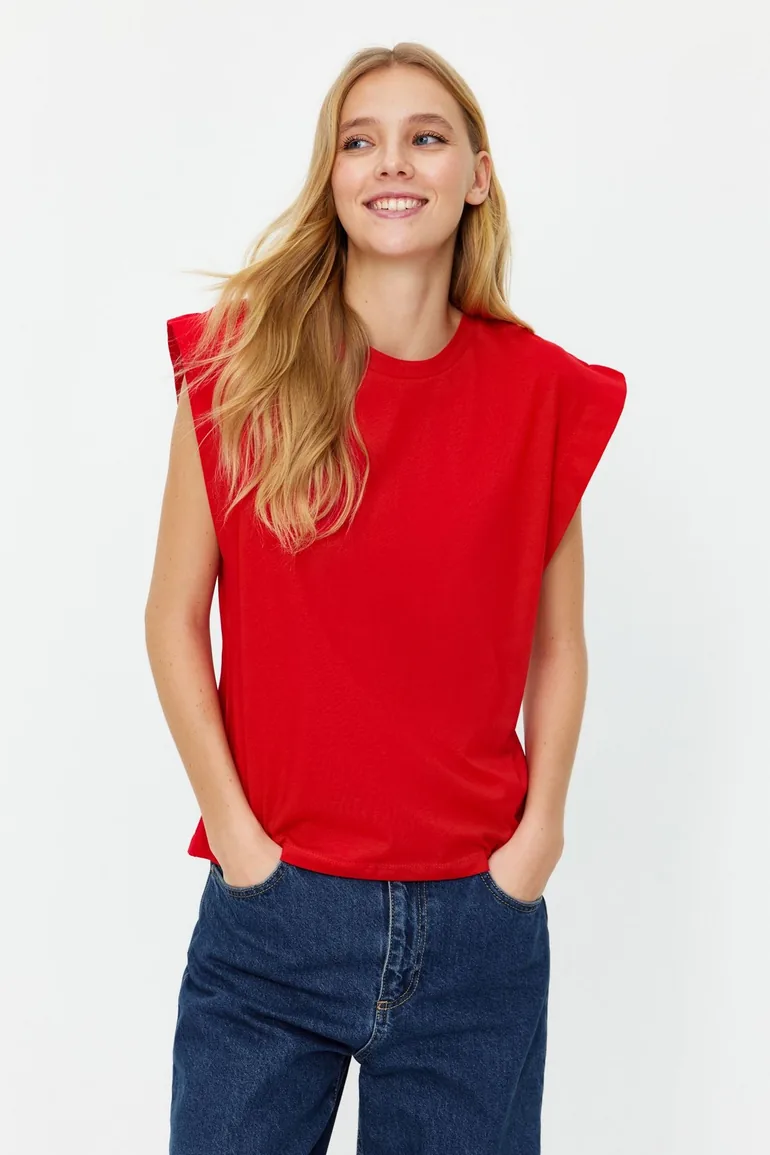 Red 100% Cotton Wadding Look Basic Crew Neck Knitted T-Shirt - 2