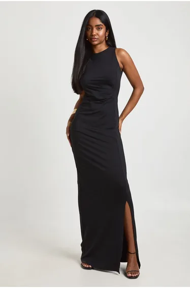 Slinky Ruched Side Maxi Dress - black