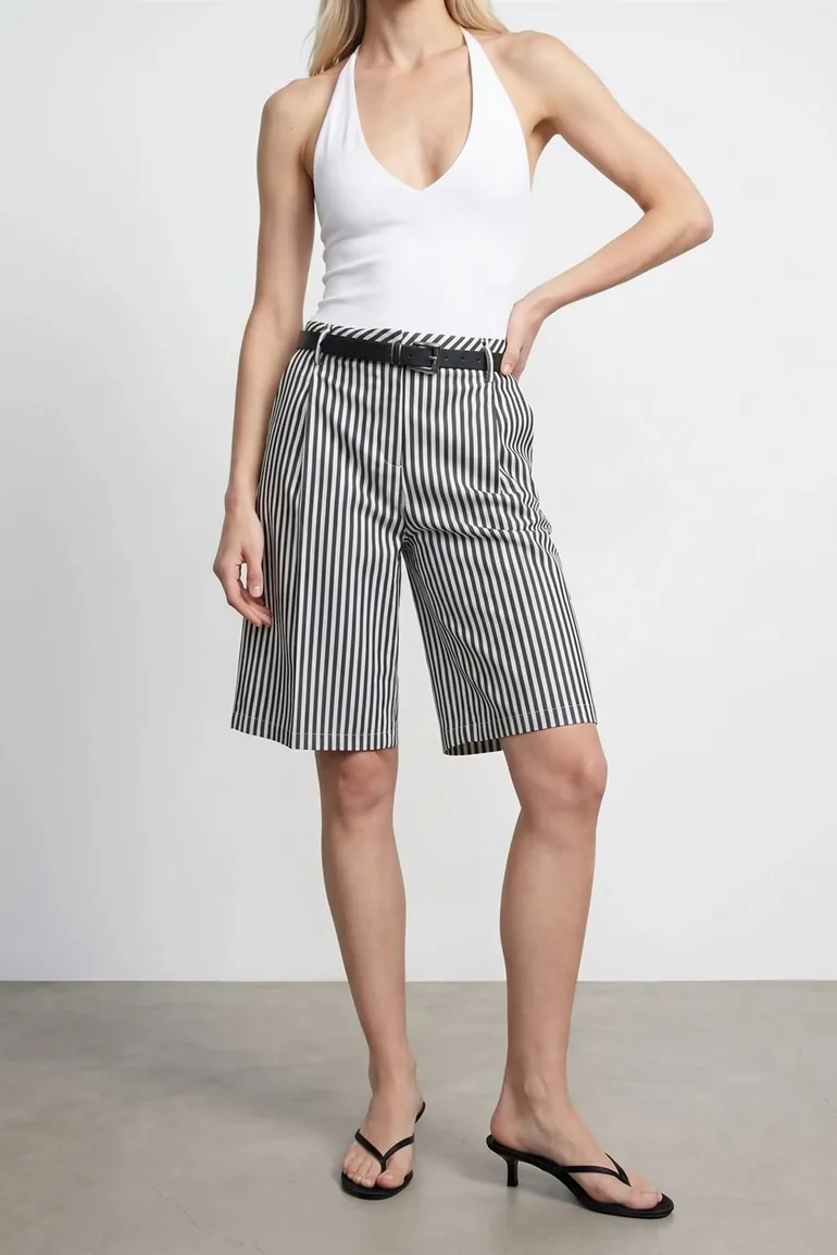 Dilvin Women's High-waist Striped Belted Tailored Shorts - 2