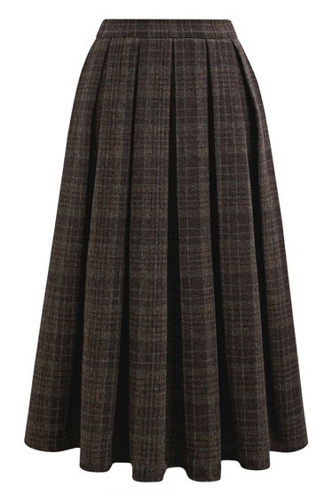 Delicate Restrained Plaid Box Pleat Tweed Skirt in Brown