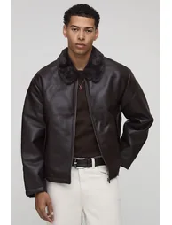 Boxy Fit Faux Fur Collar PU Harrington Jacket - chocolate