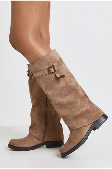 Buckle Detail Foldover Knee High Boots - sand