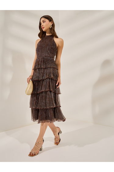 Brown Shimmer Sleeveless Tiered Midi Dress