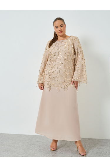 Plus Size Beige Sequin Long Sleeves A-Line Maxi Dress