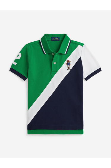 Ralph Lauren Boys Diagonal Stripe Bear Polo Shirt in Green