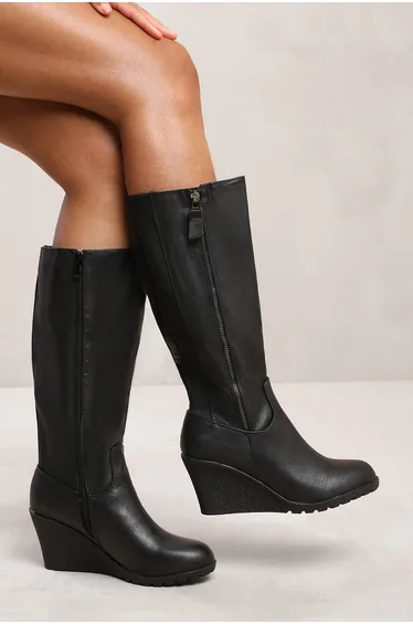 LARA WEDGE HEEL MID CALF HIGH BOOTS WITH SIDE ZIP IN BLACK FAUX LEATHER
