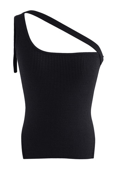 Button Strap One-Shoulder Knit Tank Top in Black