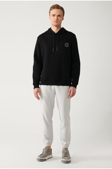 Men's Black Hooded 3 Thread Raised Chest Printed Sweatshirt