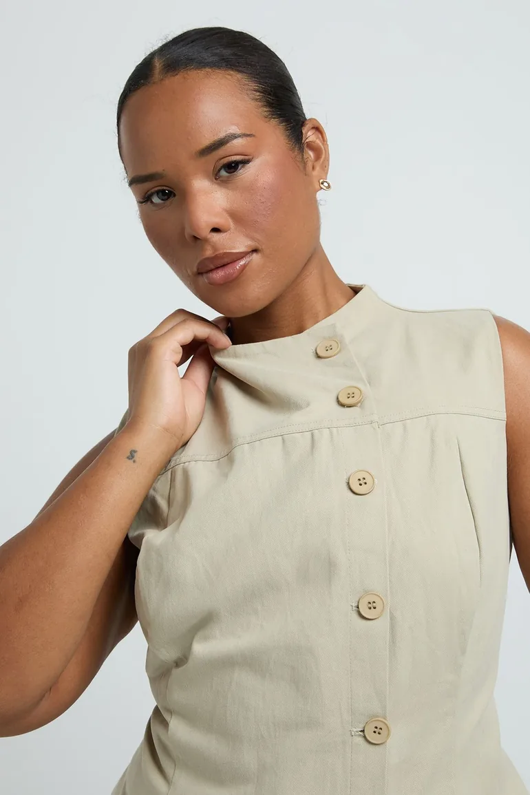 Plus Cotton Twill High Neck Button Down Top - sage - 3