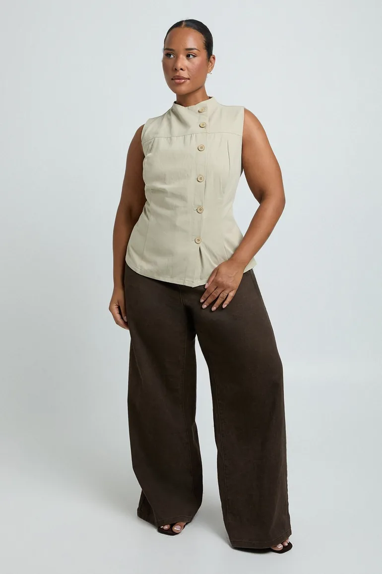 Plus Cotton Twill High Neck Button Down Top - sage