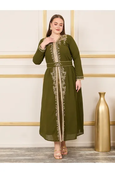 قفطان بحزام مزين يدويا بالخرز - للمقاسات الكبيرة