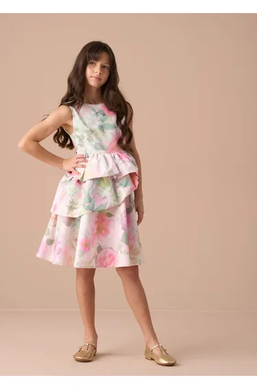 Lilah Pink Puffball Tiered Print Dress