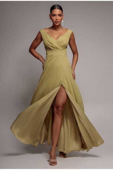 Goddiva Crossover Lurex Glitter Maxi Dress - Gold