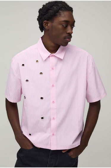 Oversized Boxy Eyelet Detail Short Sleeve Stripe Shirt - pink