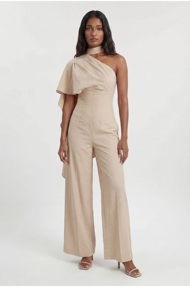 Premium Tailored Linen High Neck One Shoulder Wide Leg Jumpsuit