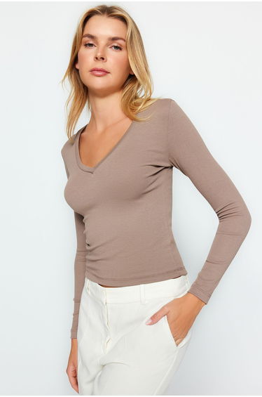 Mink Premium Soft Fabric V-Neck Fitted/Slippery Knitted Blouse