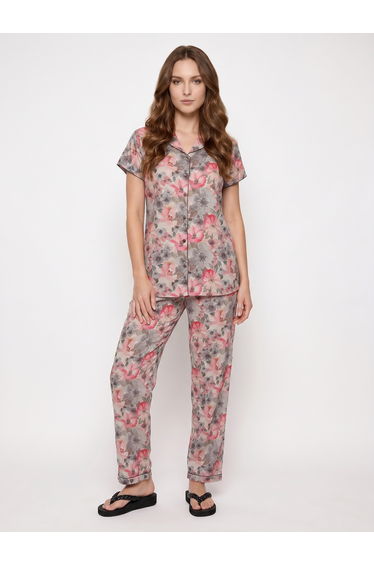 Grey Floral Cotton Shirt and Pyjama Set