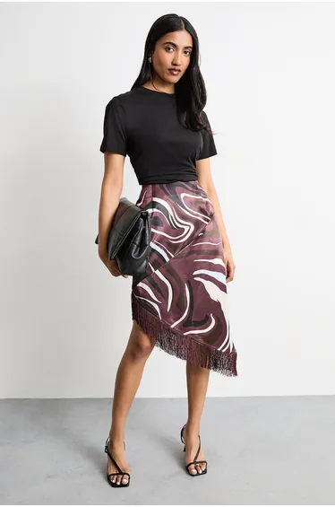 Abstract Printed Satin Fringed Midi Skirt