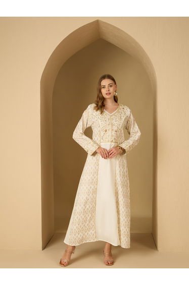 Foil Print V Neck Panelled Jalabiya with Embroidered Detail