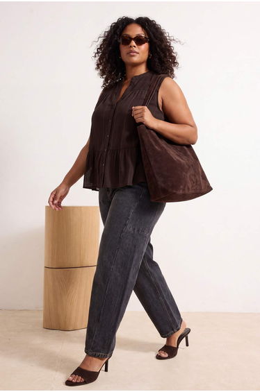 Brown Linen Look Woven Plus Size Blouse