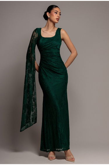 One Shoulder Cape Sleeve Pleated Lace Maxi Dress - Emerald Green by Goddiva