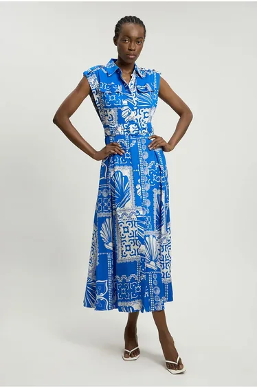 Premium Viscose Linen Print Belted Woven Midi Dress