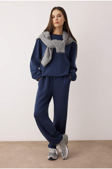 Navy Blue Oversize Silky Interlock Plain Knit set