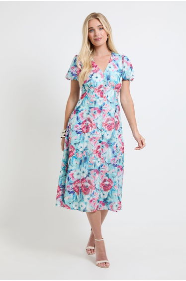 Petite Floral Burn Out Ruched Sleeve Midi Dress