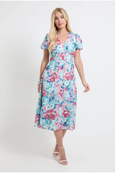 Petite Floral Burn Out Ruched Sleeve Midi Dress
