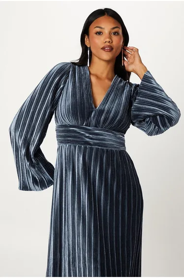 Pleated Velvet Long Sleeve Pencil Dress